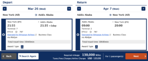 ANA Award Ticket From New York to Addis Ababa on Ethiopian