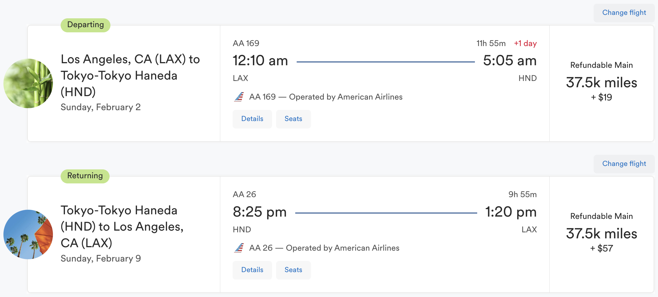 Round-trip AA award from LAX to HND booked via Alaska.