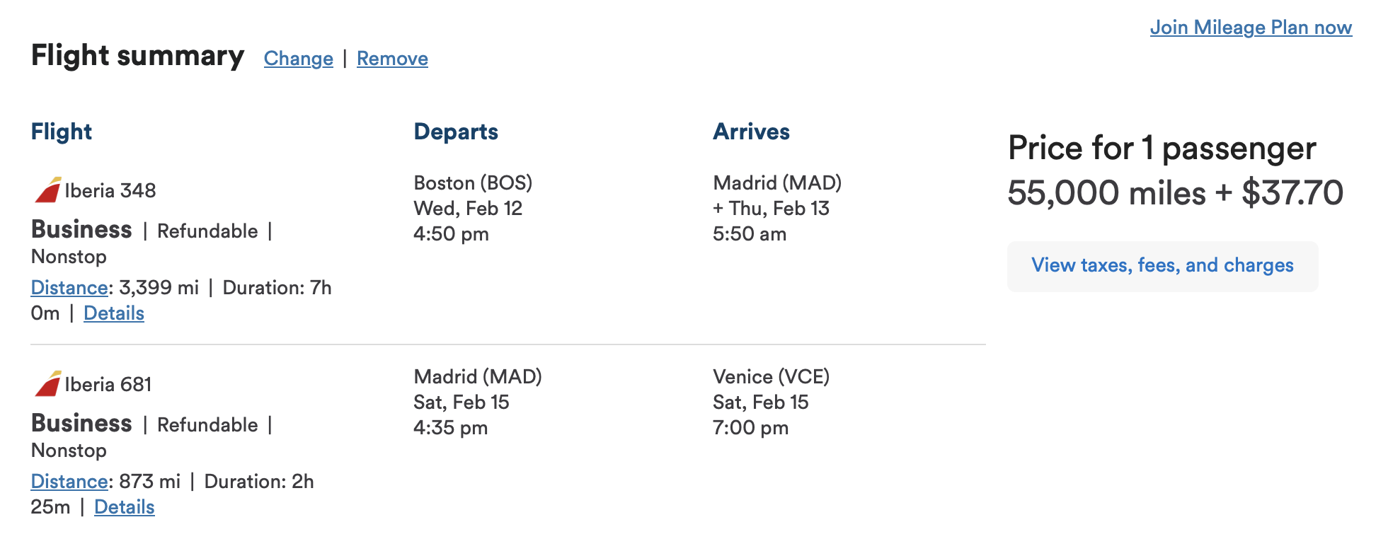 Alaska award on Iberia from BOS to VCE via MAD