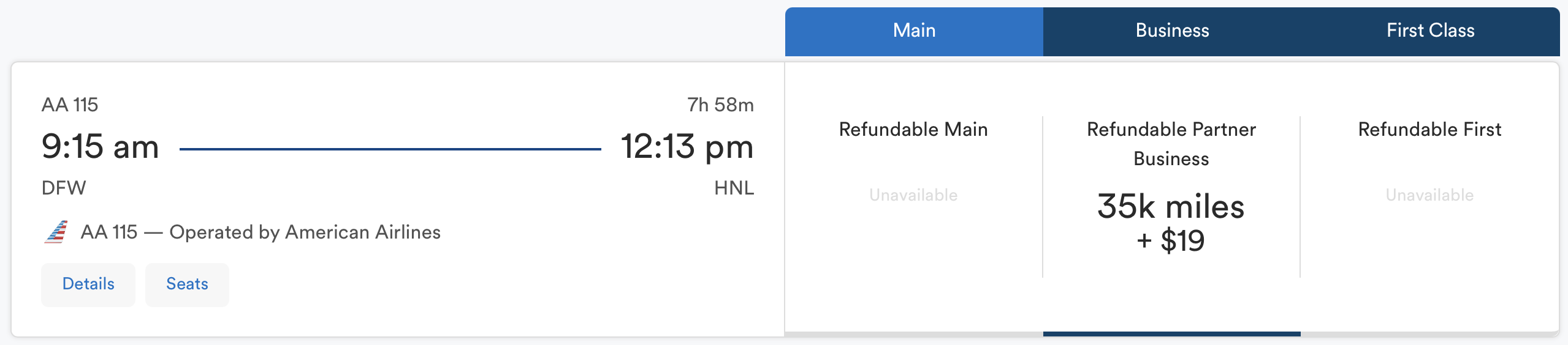 Alaska award on AA from DFW to HNL