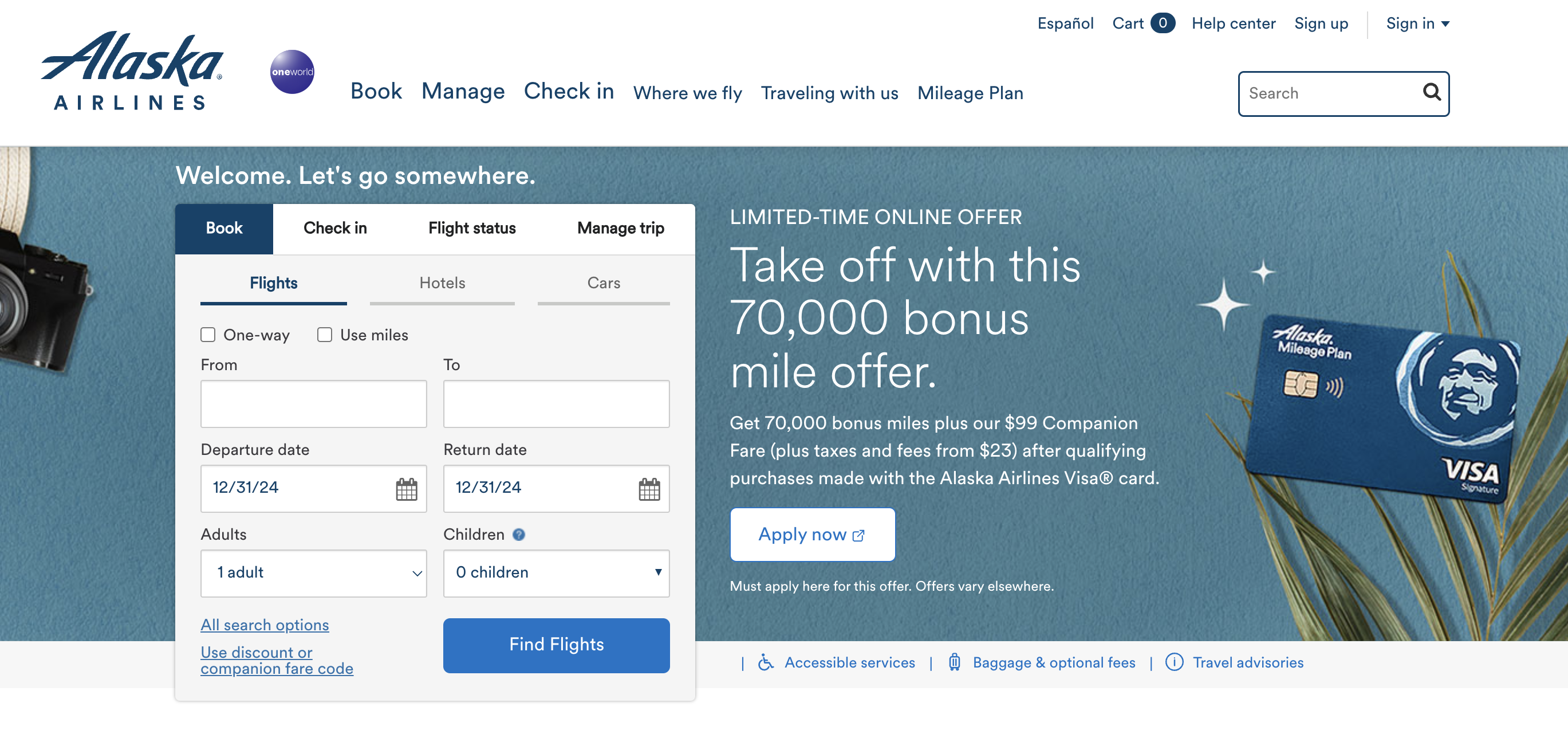 Alaska Airlines homepage