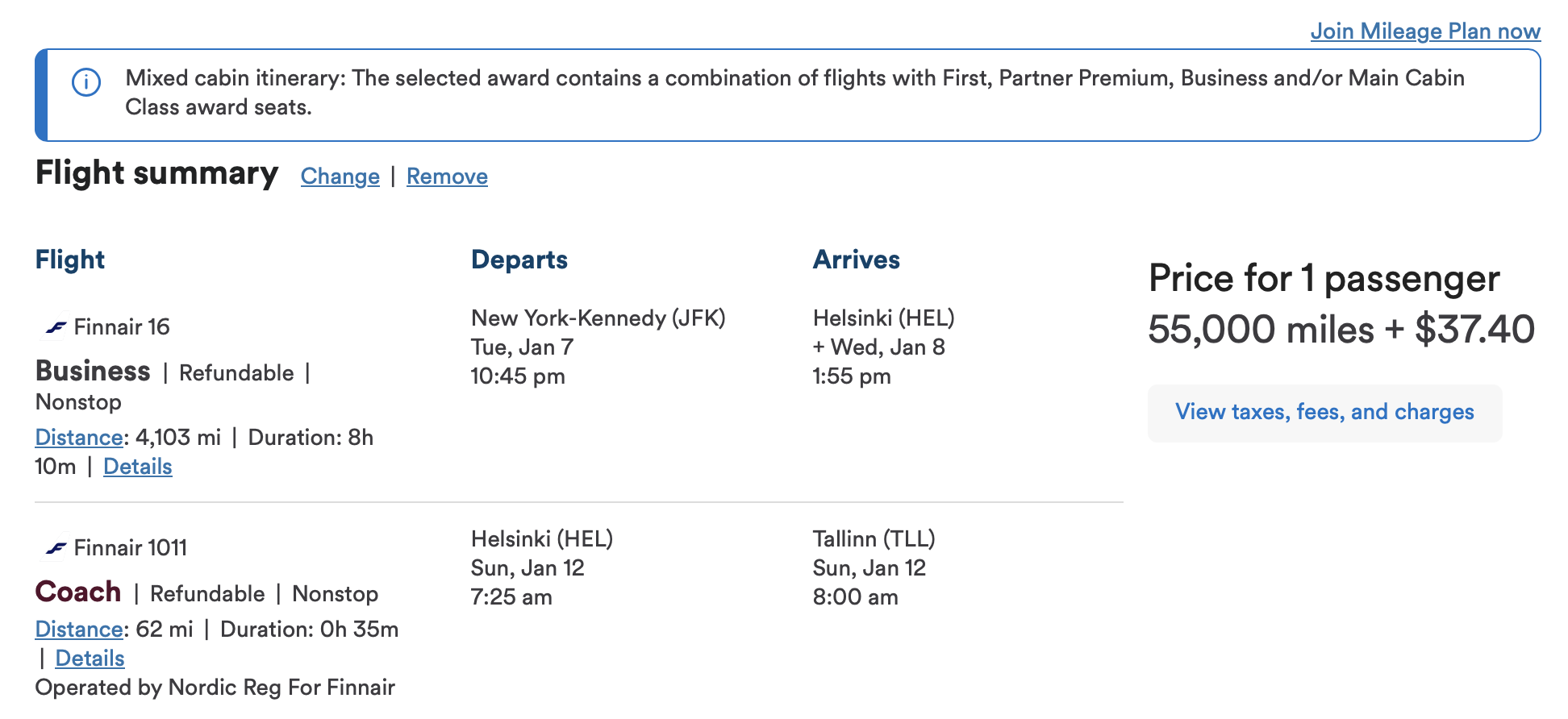 Alaska award on Finnair from JFK to TLL via HEL