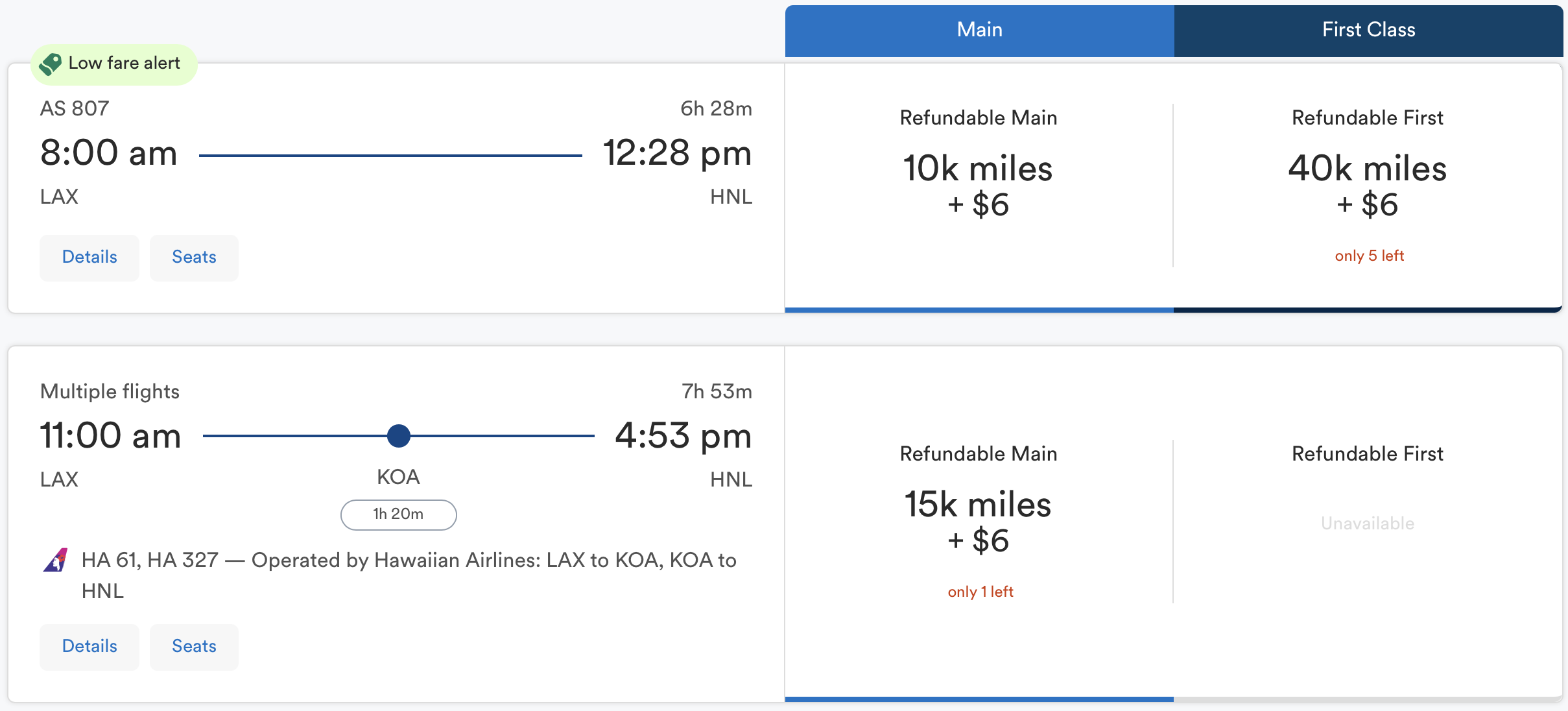 Alaska awards from LAX to HNL