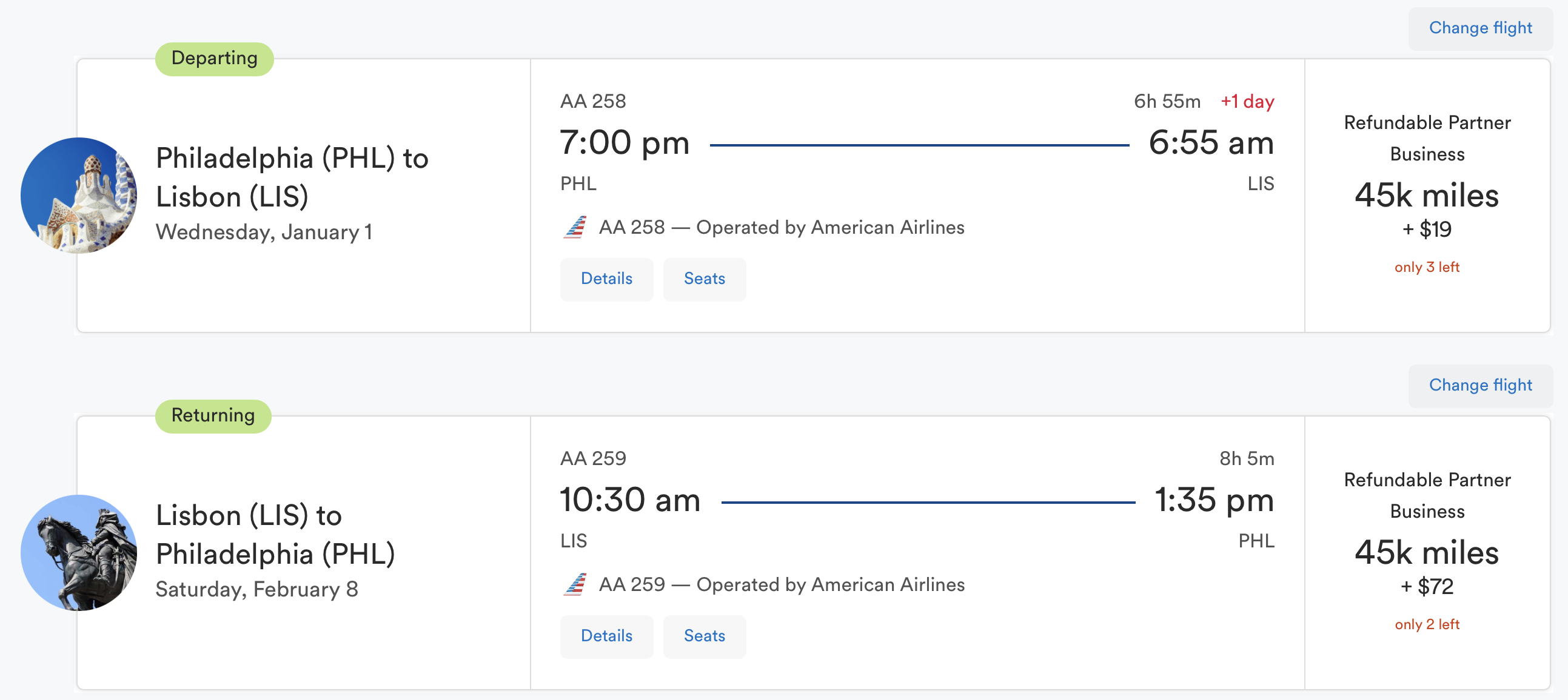 PHL to LIS round-trip on American Airlines (book via Alaska Mileage Plan)
