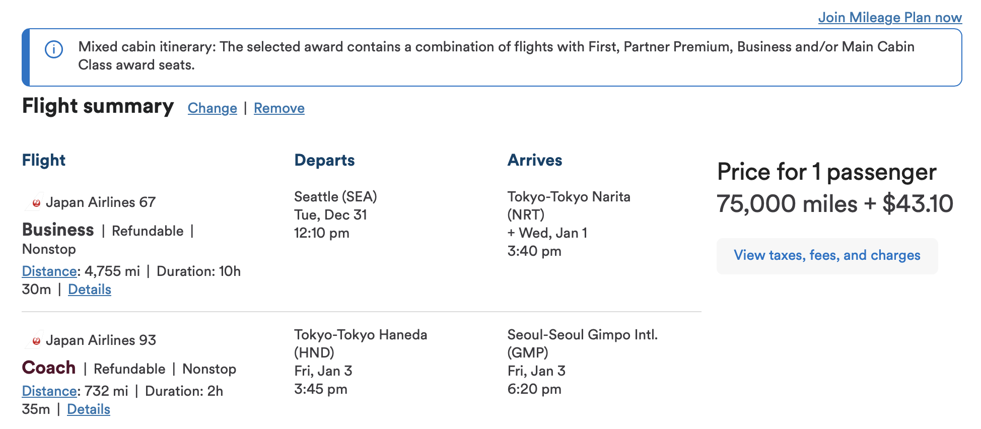 Alaska award on JAL from SEA to GMP via NRT