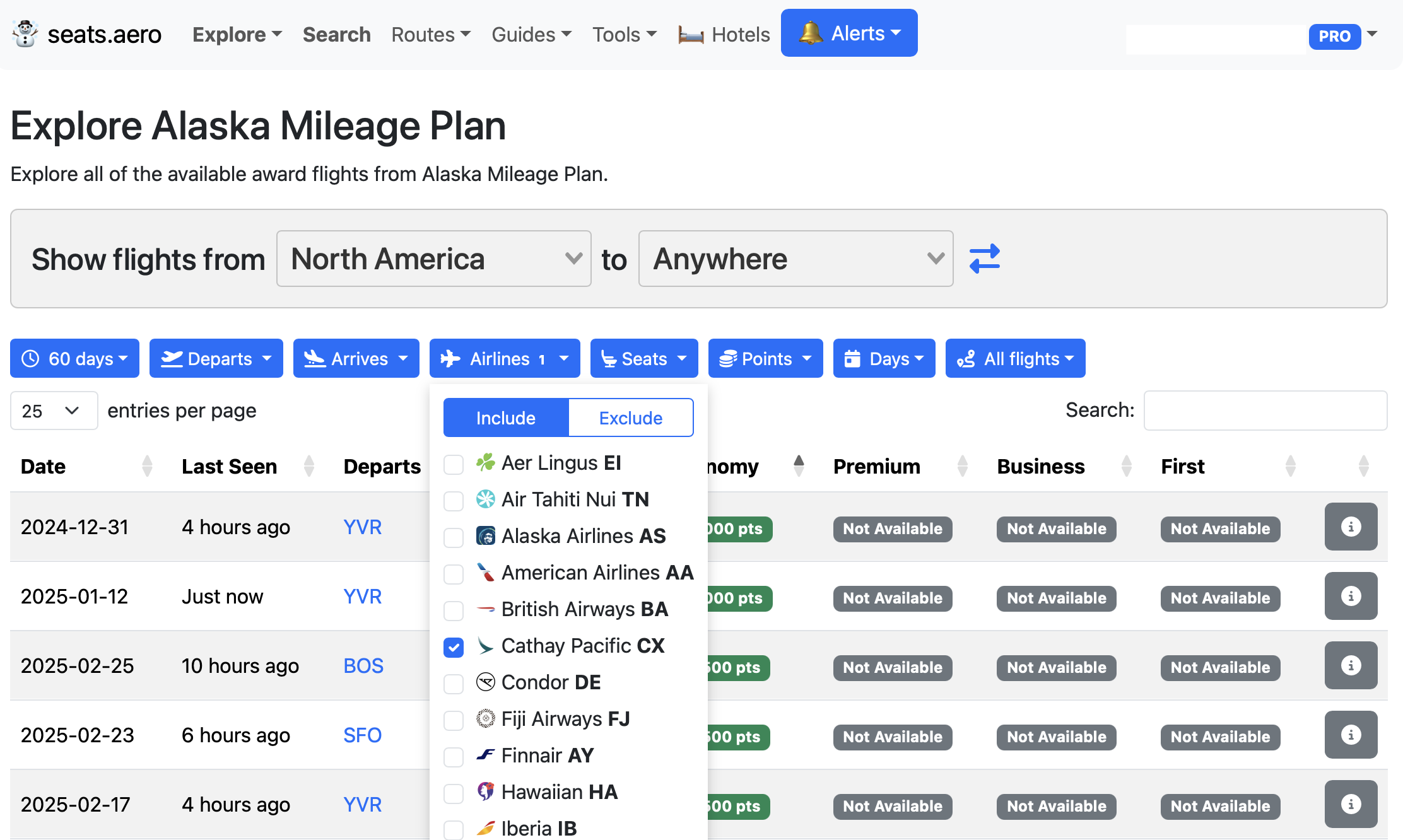 Seats.aero results via Alaska Mileage Plan