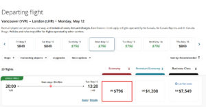 Air Canada flight cost from YVR to LHR
