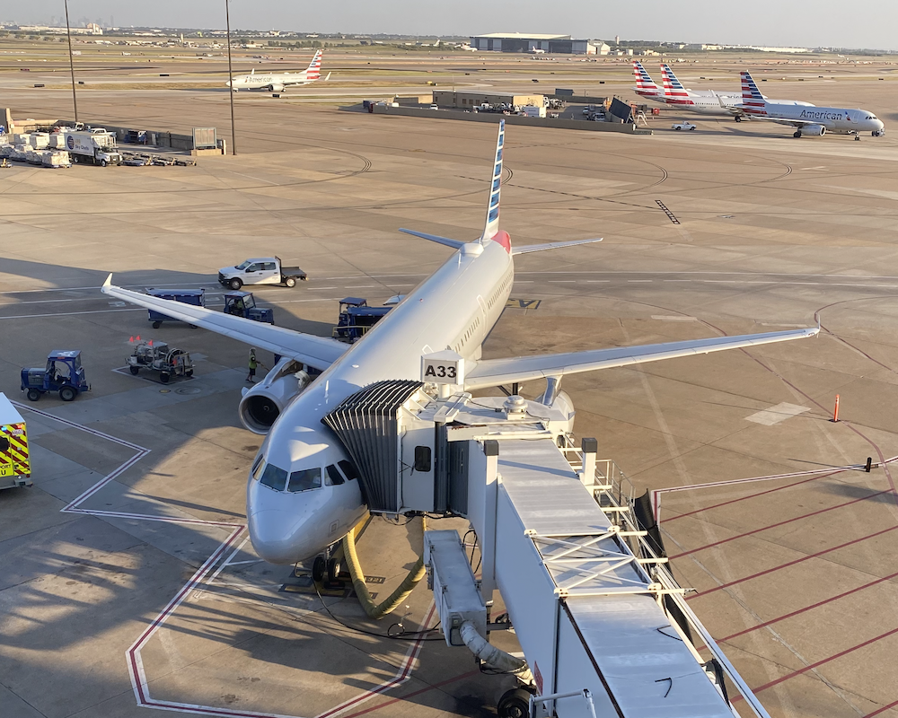 American Airlines plane seen from the DFW airport train