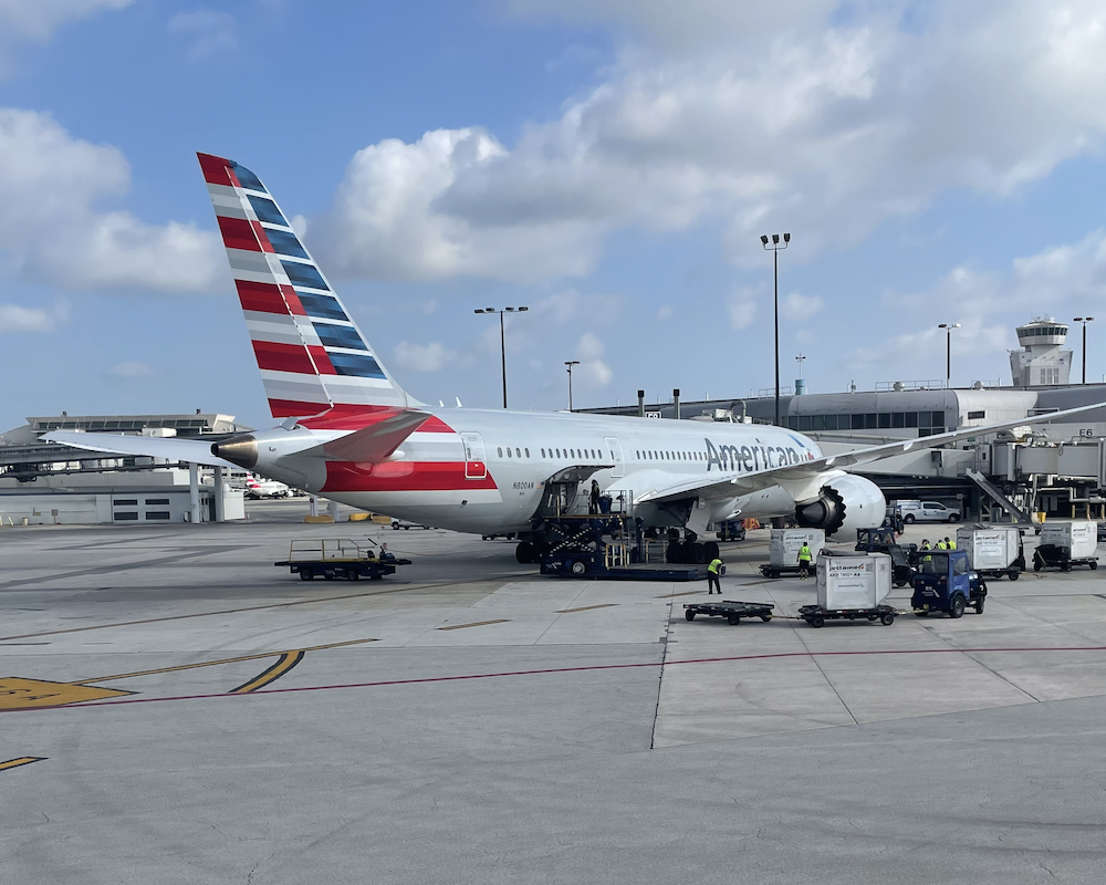 Rear-view of an American Airlines 787 parked at a gate
