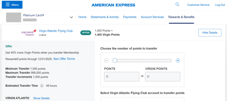 Screenshot of American Express Membership Rewards page showing 40% transfer bonus to Virgin Atlantic Flying Club