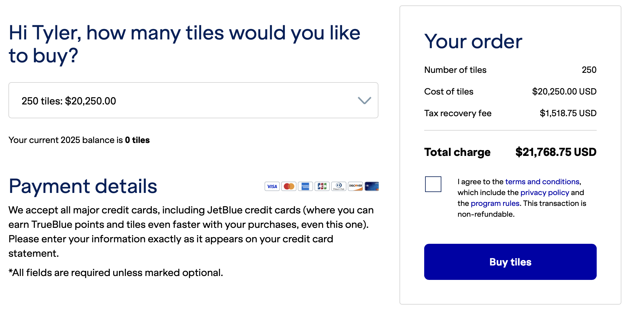 JetBlue Tiles receipt.