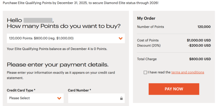 Screenshot showing option to buy 120,000 IHG elite qualifying points for $800