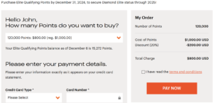 Screenshot showing pricing for buying 120k IHG Elite Qualifying Points for $800