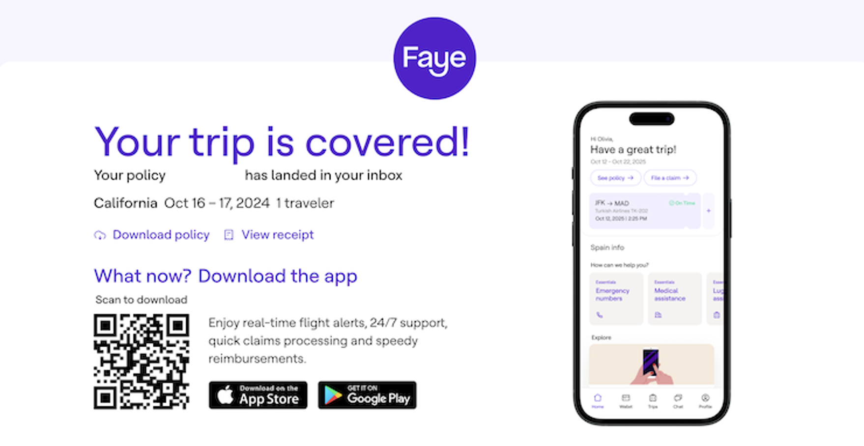 Faye Travel Insurance confirmation page