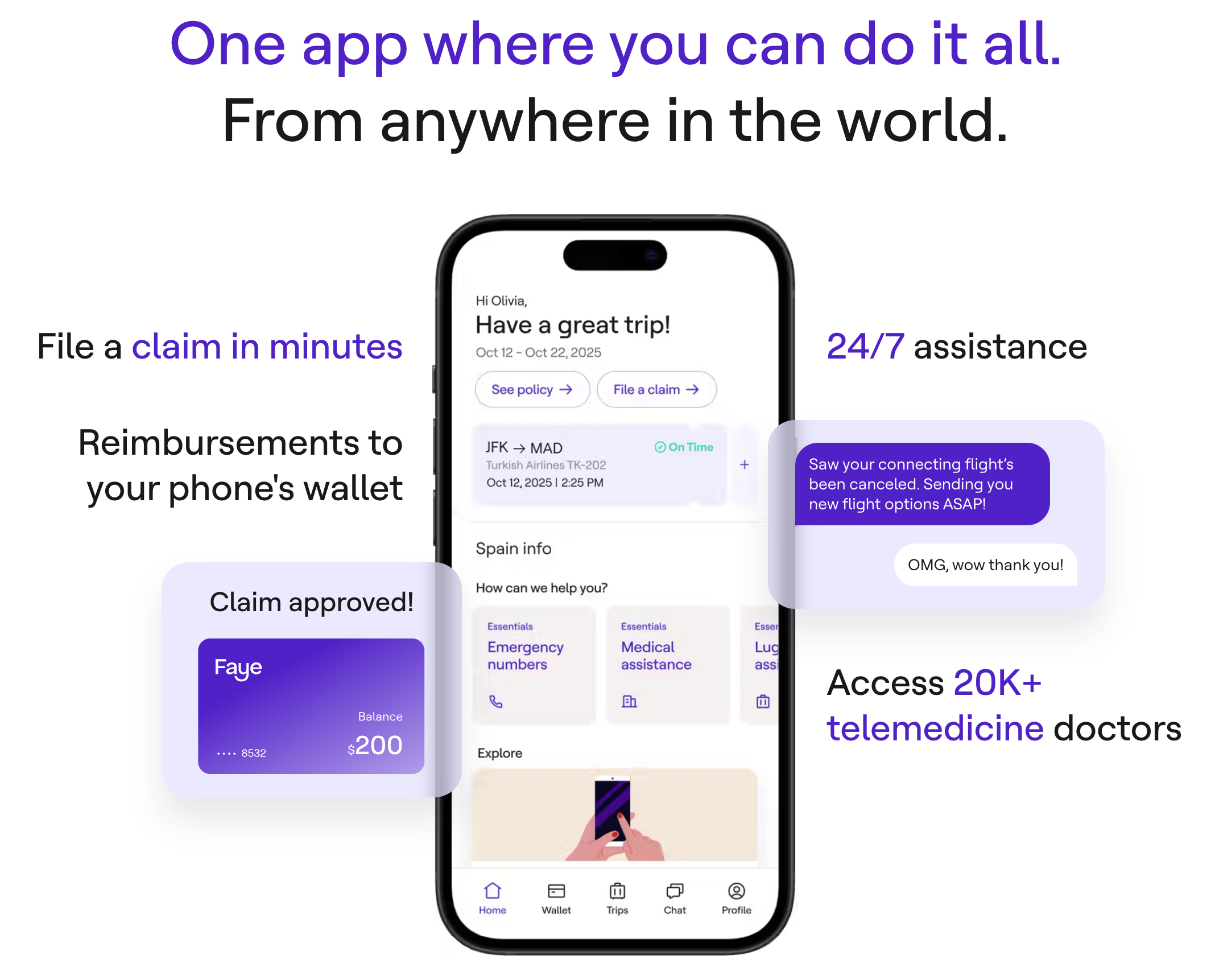 Faye Travel Insurance graphic image showing how the app keeps you covered.