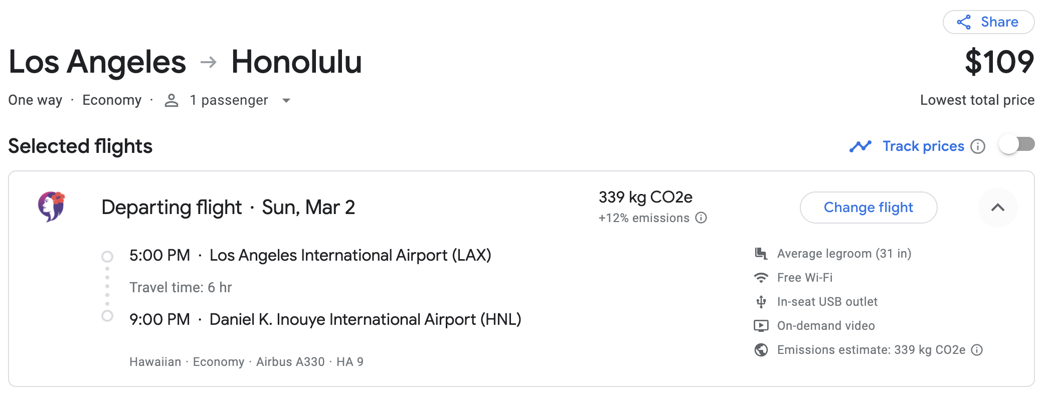 LAX to HNL on Hawaiian for $109
