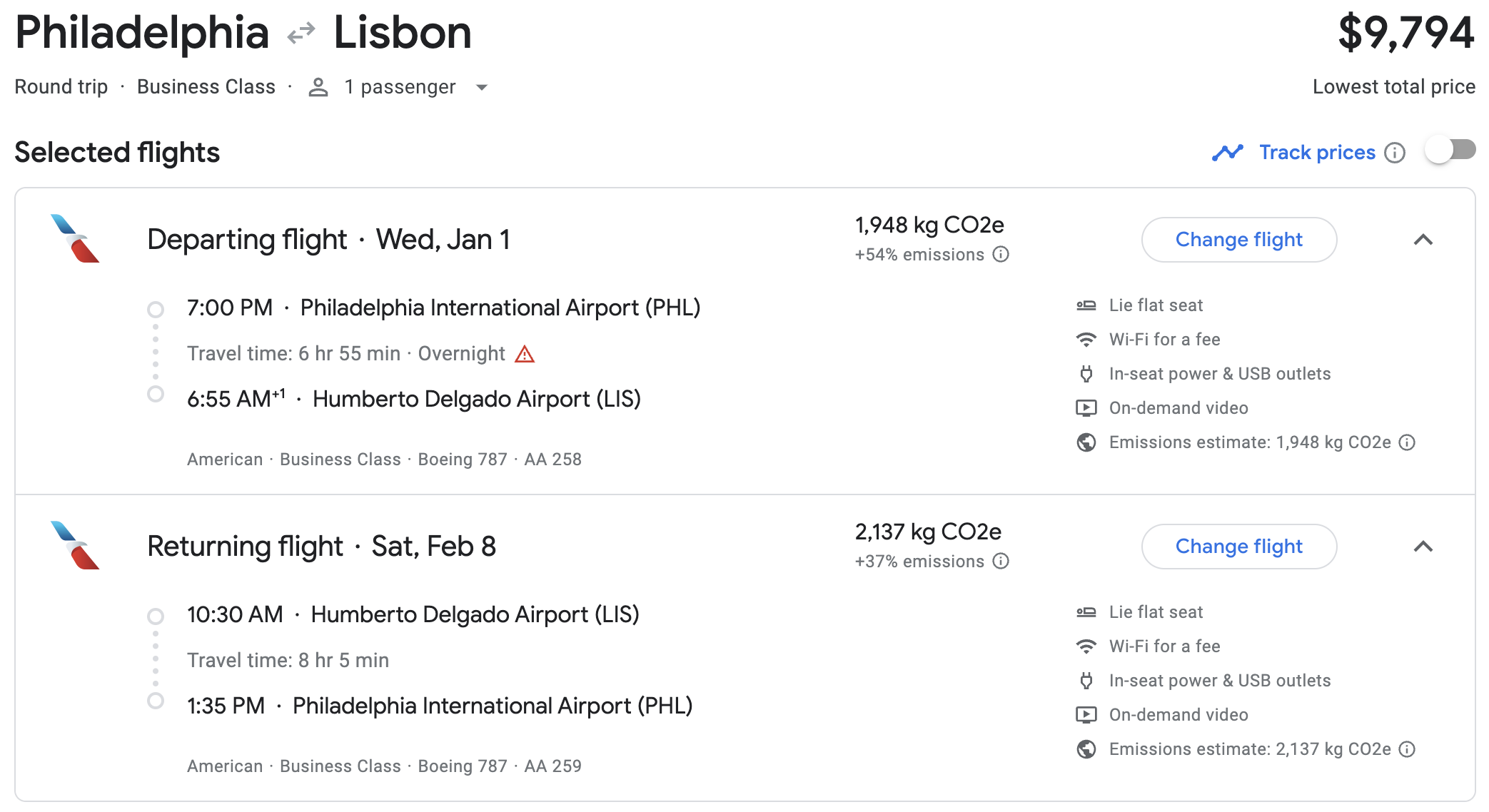 Google Flights results -- PHL to LIS round-trip on American Airlines