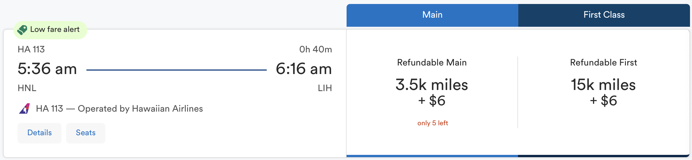Alaska award on Hawaiian from HNL to LIH