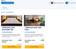 Screenshot of Hyatt hotel search results with Suite Night Award applied