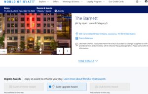 Screenshot showing Hyatt search results for The Barnett Hotel