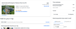 Screenshot showing Chase Travel Portal cart for a stay at the InterContinental Danang Sun Peninsula Resort for 79k Ultimate Rewards points total for two nights