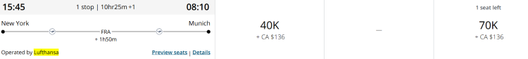 Screen shot from Air Canada showing an award redemption from JFK to MUC