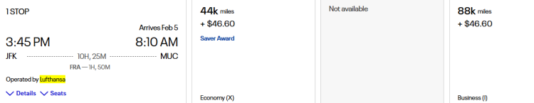 Screen shot from United airlines showing an award redemption from JFK to MUC