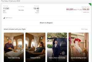 Emirates first class award from Miami to Bogota for 60,000 Skywards miles