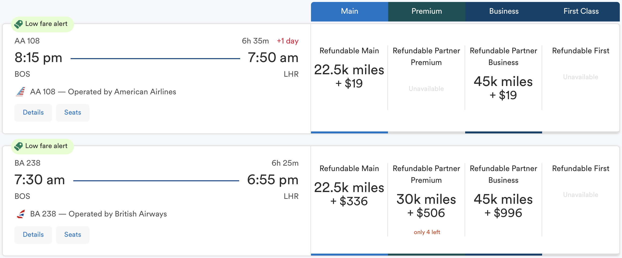Mileage Plan awards from BOS to LHR