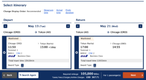 An ANA award ticket from Chicago to Tokyo