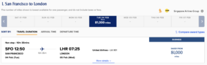 San Francisco to London United flight on Singapore Airlines' website