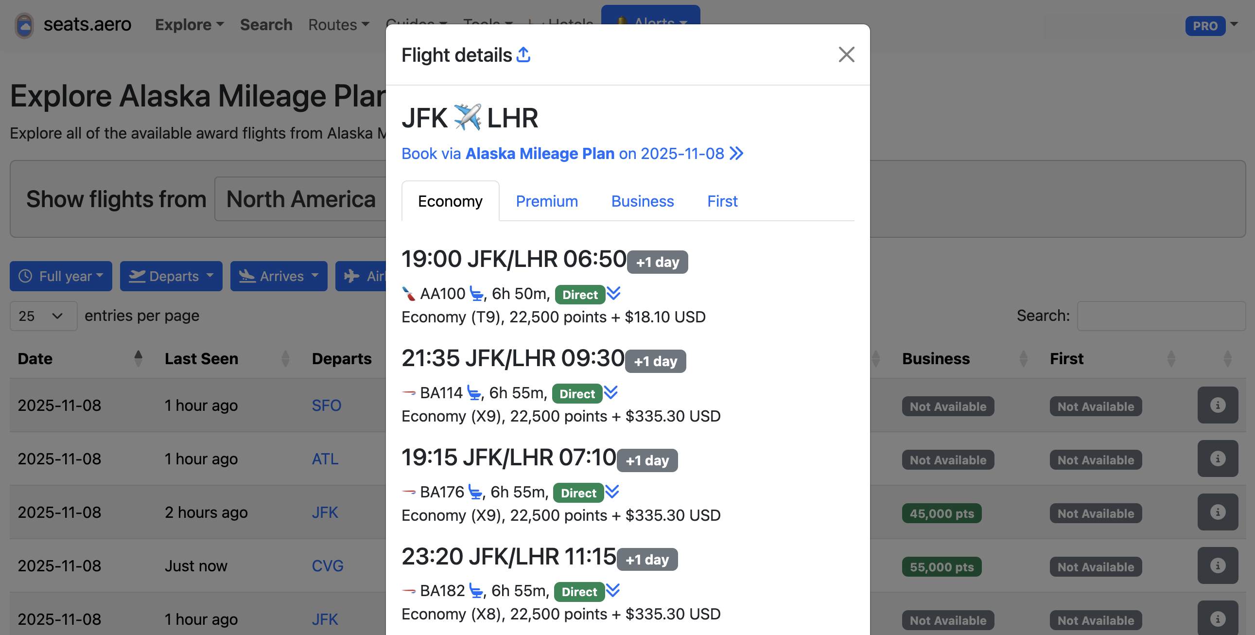 Seats.aero Mileage Plan results.