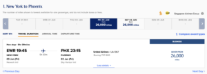 A Singapore Airlines award ticket from Newark to Phoenix