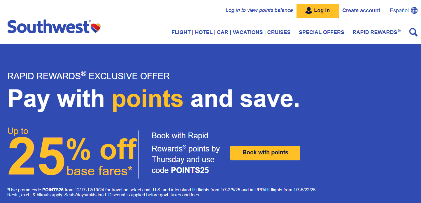 Use this southwest promo code to save 25 on award flights