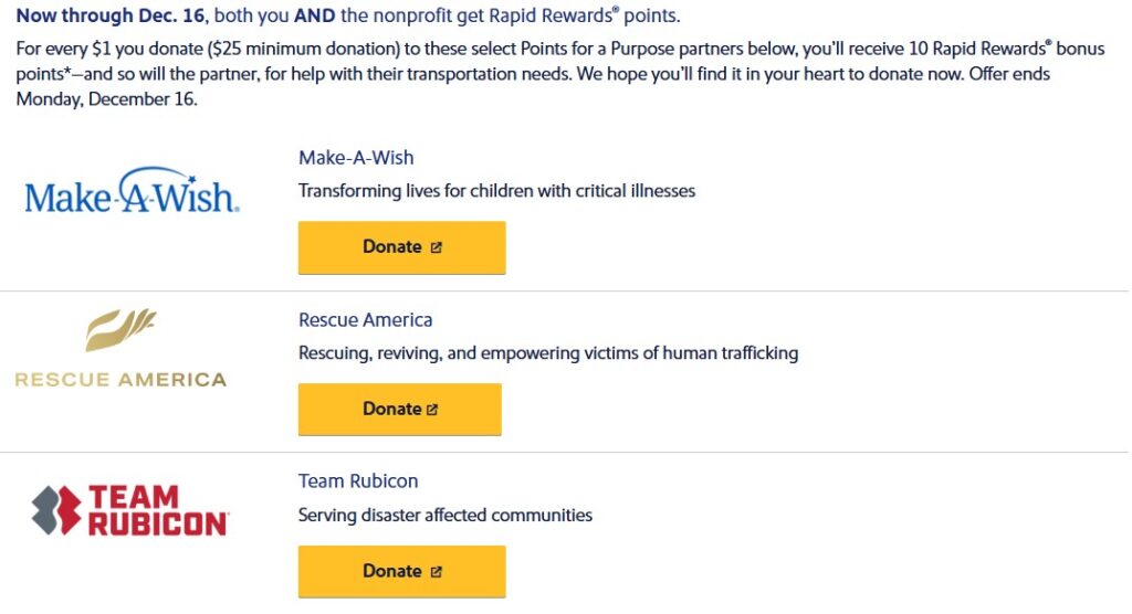 Southwest Points for a Purpose Donations 2024 Promotion