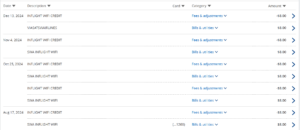 Screenshot showing charges for Southwest Wi-Fi and statement credits to offset