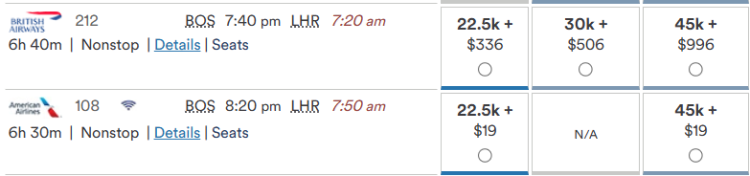 a screen shot from Alaska Airlines showing award redemption options from Boston to London