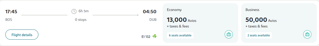 A screen shot shows you can book a flight from Boston to Dublin for 13,000 Avios.