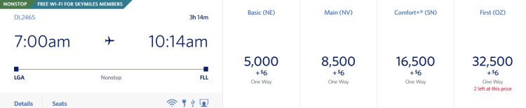 Screenshot of a delta miles redemption from LGA to FLL