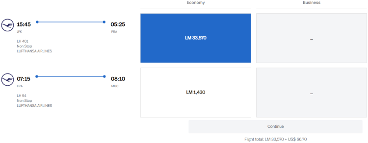 A screen shot from the lifemiles booking page showing a flight from JFK to MUC
