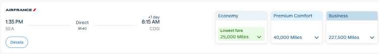 A screen shot shows a booking page on Air France for a flight from Seattle to Paris