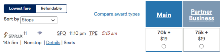 A screen shot shows a booking option on Starlux with Alaska Airlines miles