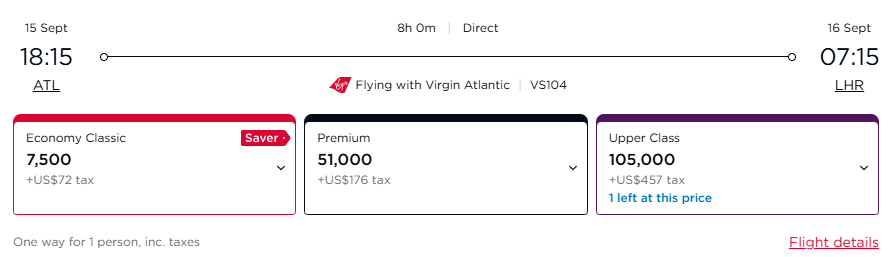 A screenshot shows a flight from ATL to LHR bookable with Virgin Atlantic points
