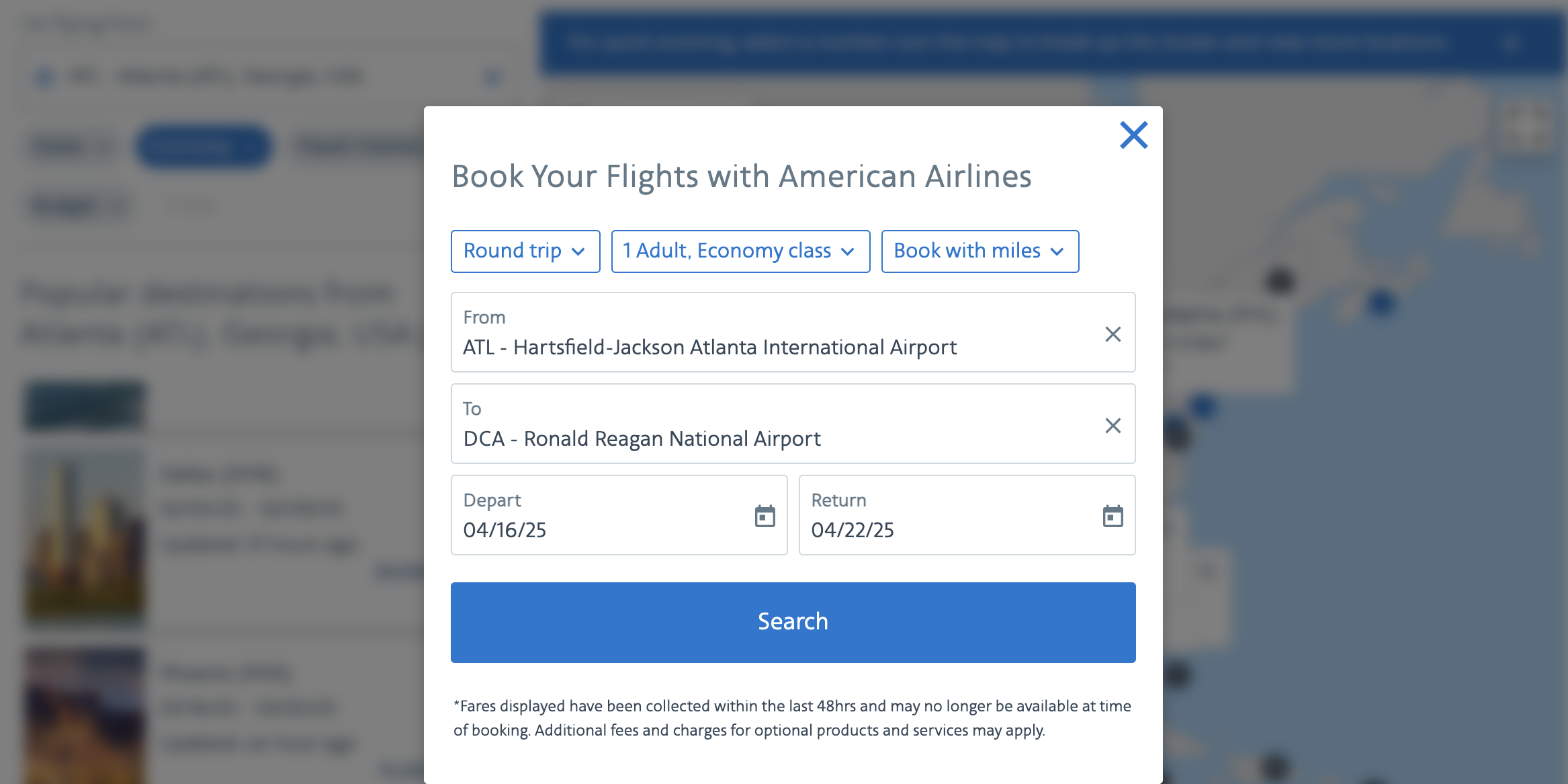American Airlines award map -- click to book screen