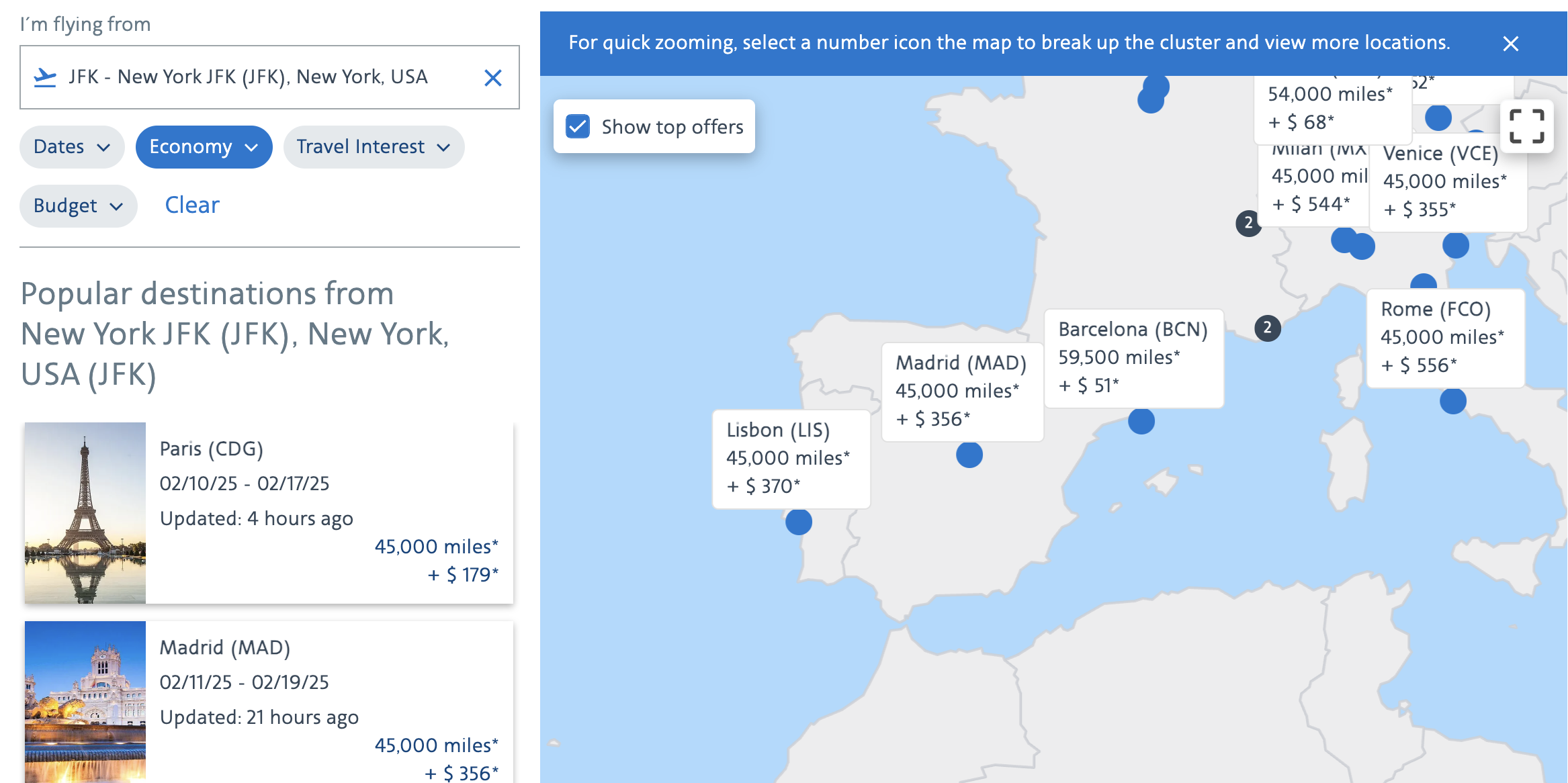 American Airlines award map results for Spain from New York