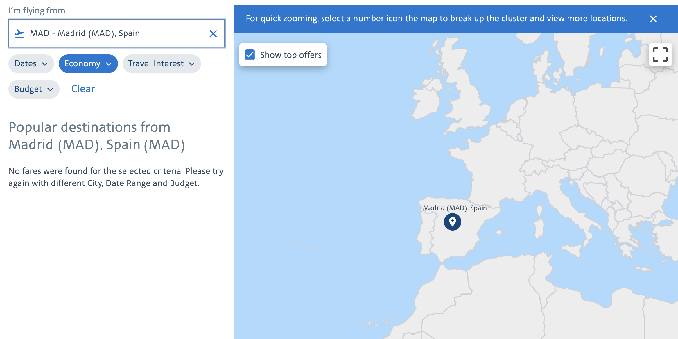 American Airlines award map results from Spain