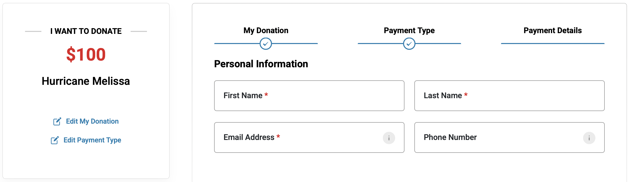 Red Cross hurricane relief donation webpage.