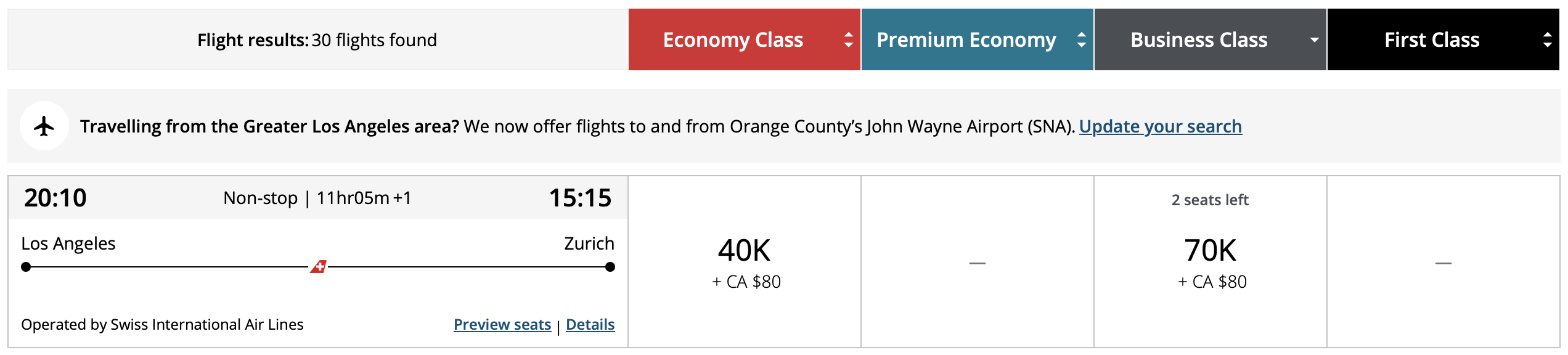 SWISS award bookable through Aeroplan -- LAX to ZRN