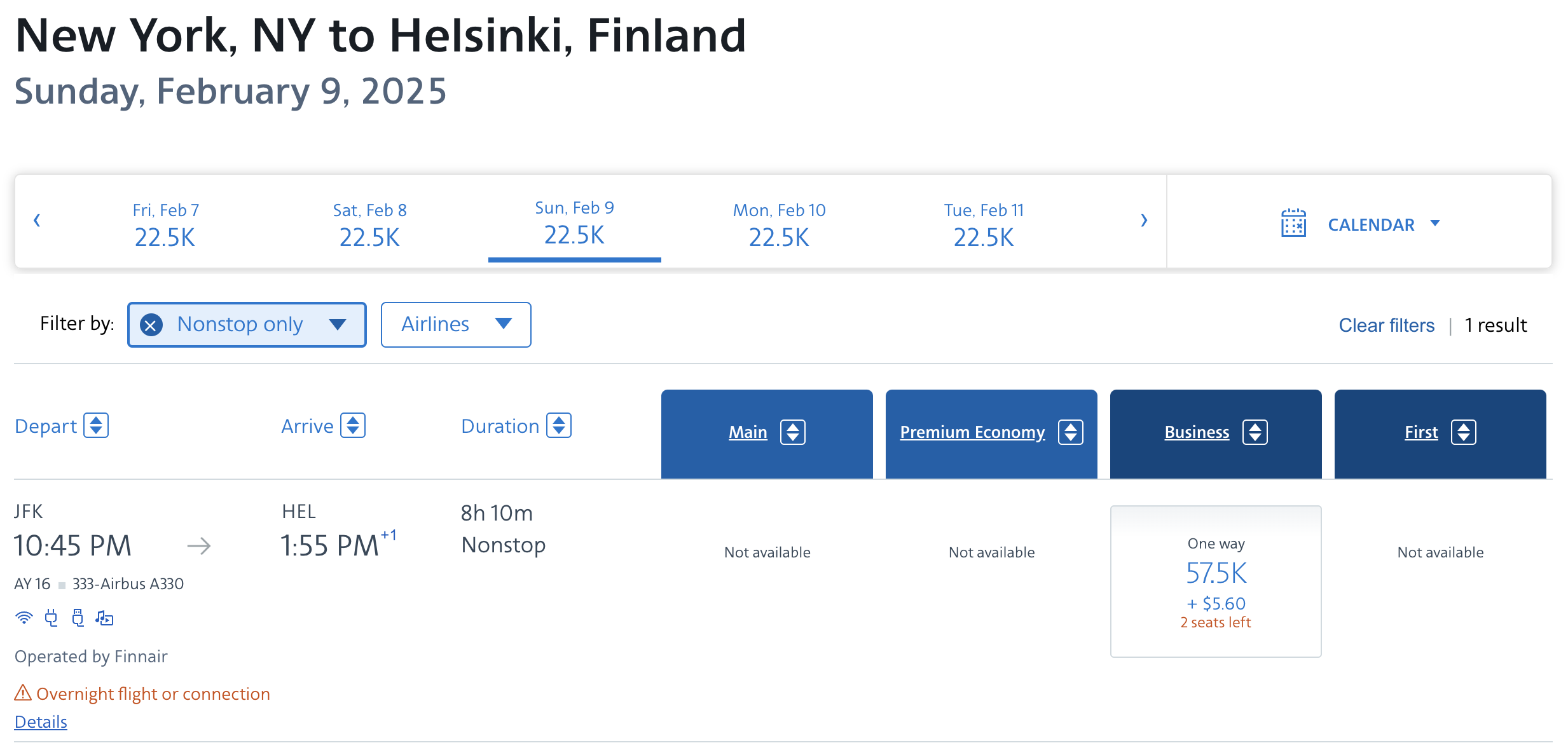 Finnair award from JFK to HEL bookable with AA miles.