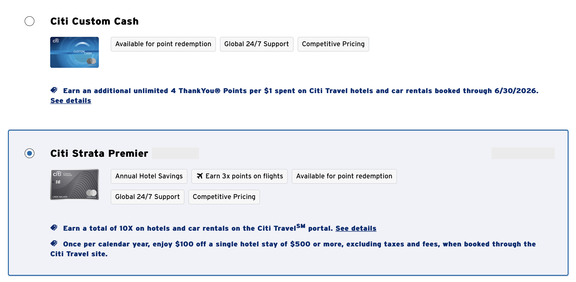 Card Selector in Citi Travel